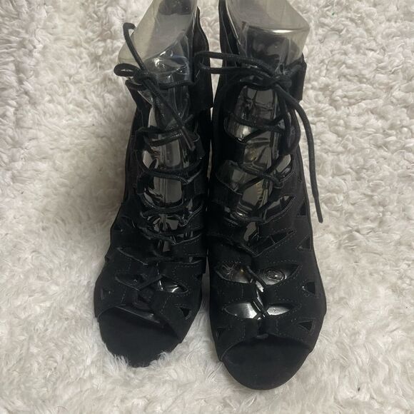 Chinese laundry synthetic black suede lace up cut out ankle heels peep toe SZ10 - Picture 1 of 11